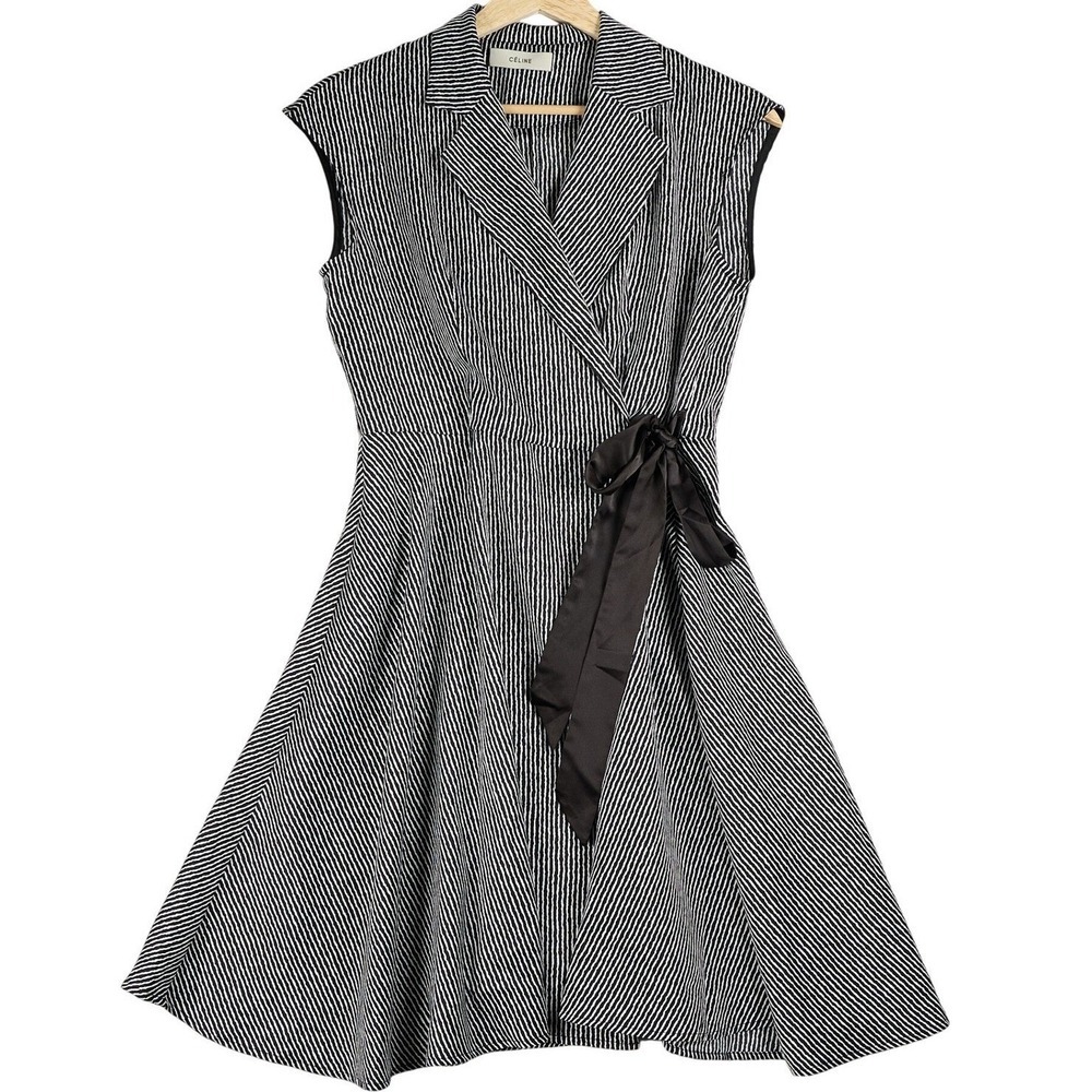 CELINE Wrap Midi‎ Dres Black White Stripe Sleeveless Size Small